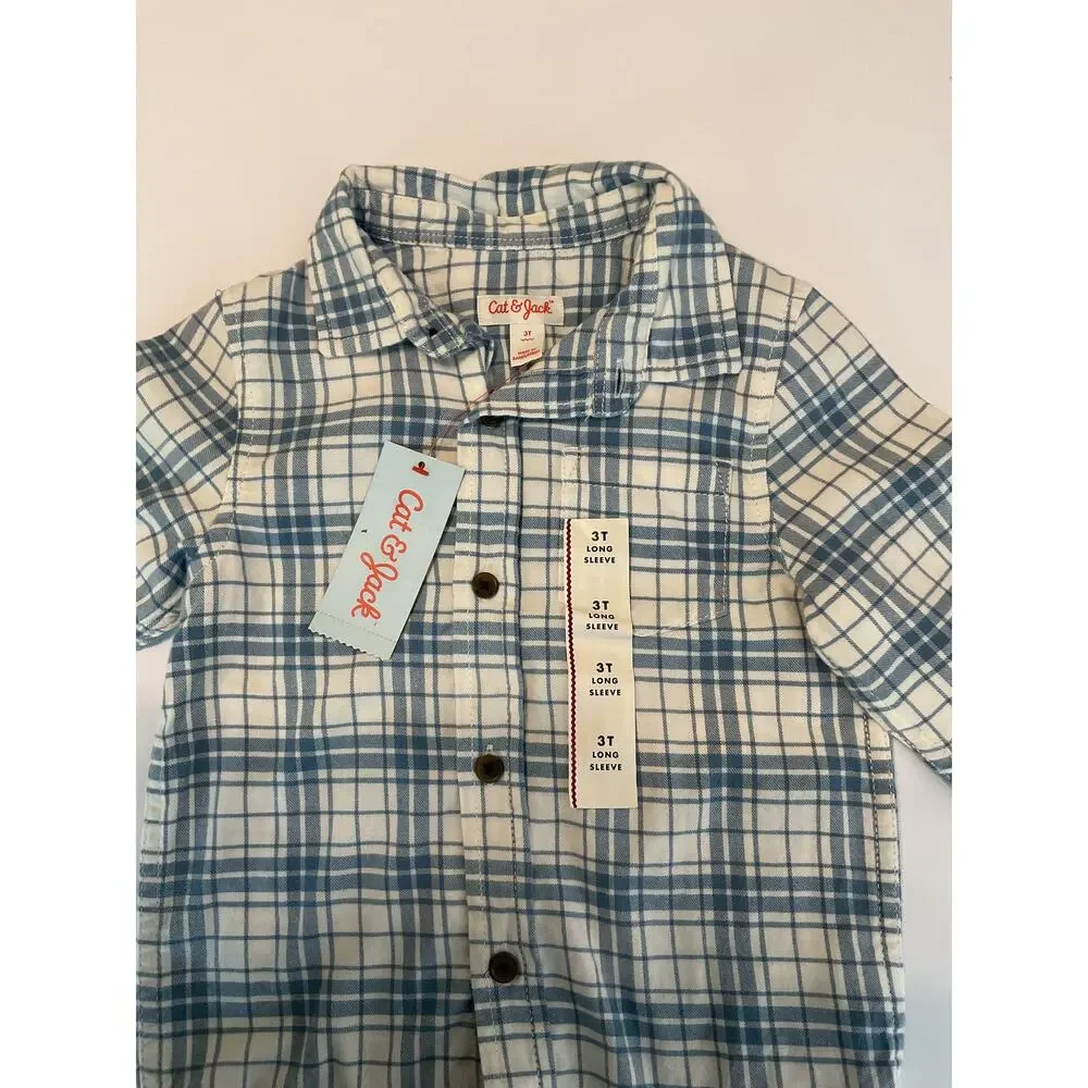 NWT Cat & Jack Boys 3T Blue White Plaid Button Front Shirt Long Sleeve Cotton
